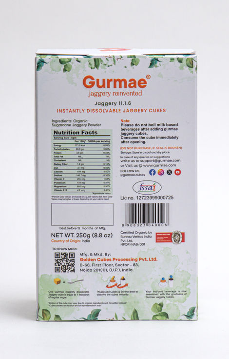 Gurmae Certified Organic Instantly Dissolvable Jaggery Cubes Tea Sweetener
