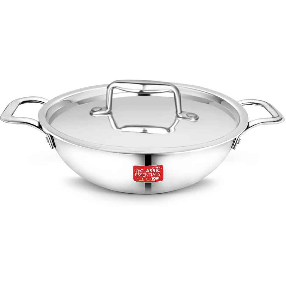 Classic Essentials Triply Stainless Steel Induction Bottom Kadhai With Lid 24cm Dia. 2.5l Capacity