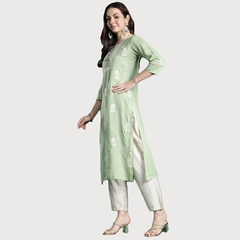 Indo Era Women's Viscose Rayon Floral Embroidered Straight Kurta | KT5GN9997 | Green - S