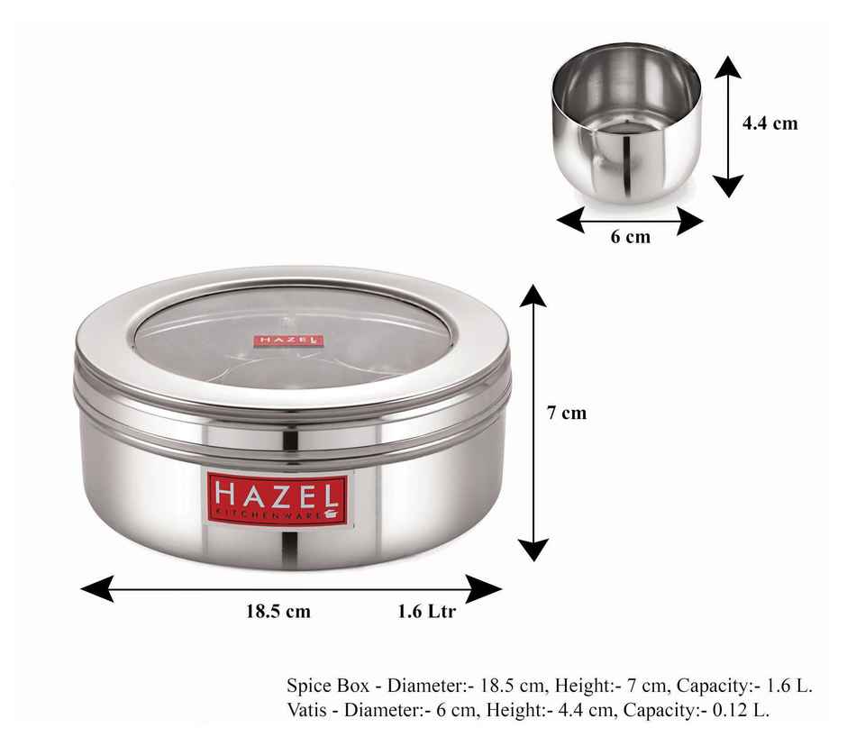 Hazel Stainless Steel Masala Dabba, See-Through Spice Box With 7 Wati & Spoon