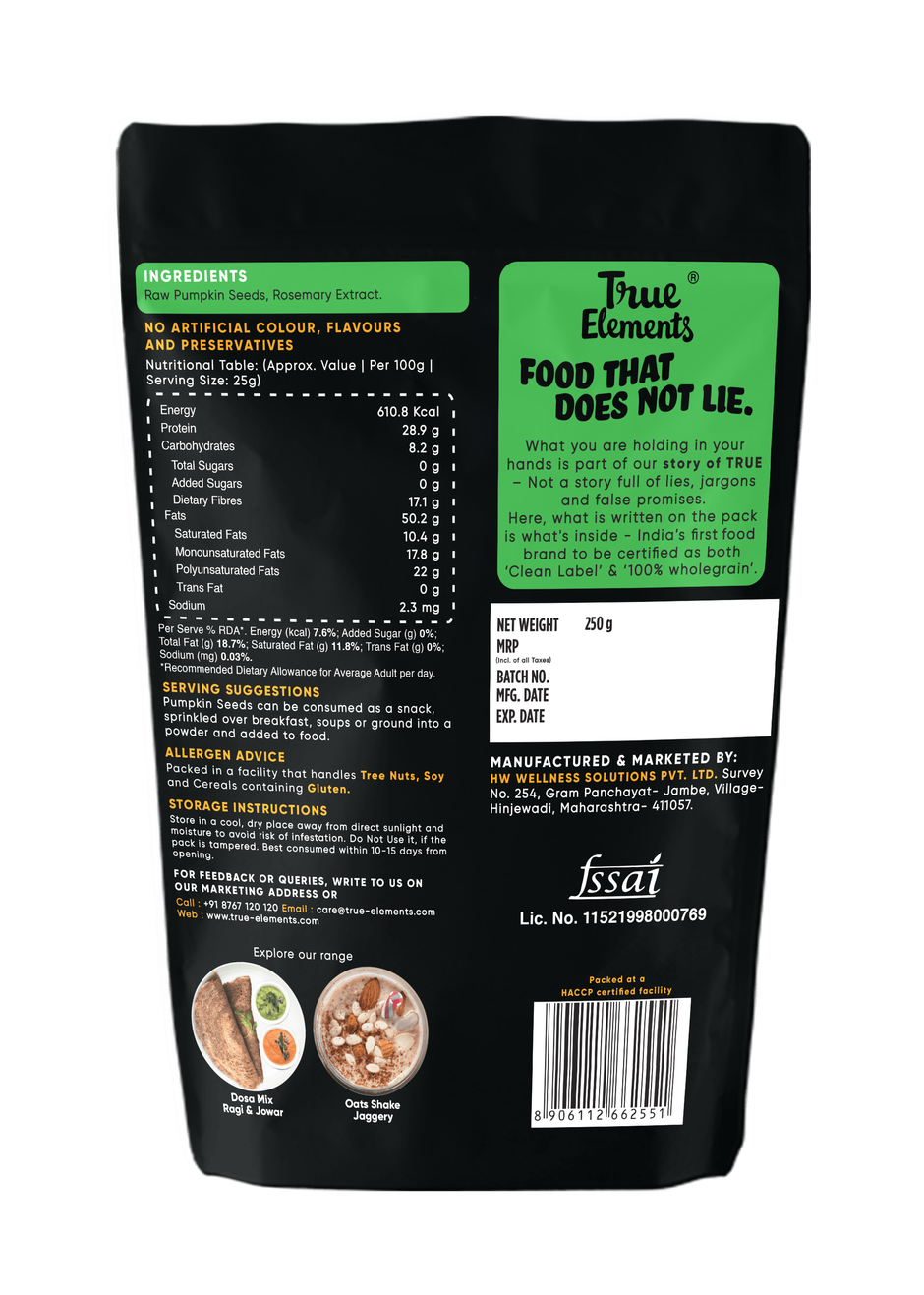 True Elements Raw Pumpkin Seeds - High Fibre & Protein