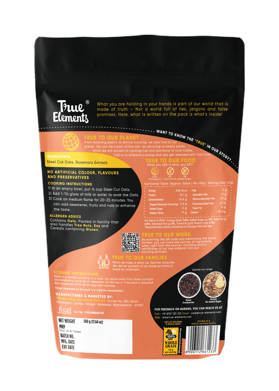 True Elements Steel Cut Oats | premium Wholegrain Oats | High Fibre | Daibetic Friendly