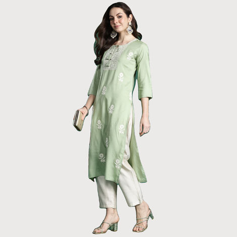Indo Era Women's Viscose Rayon Floral Embroidered Straight Kurta | KT5GN9997 | Green - S