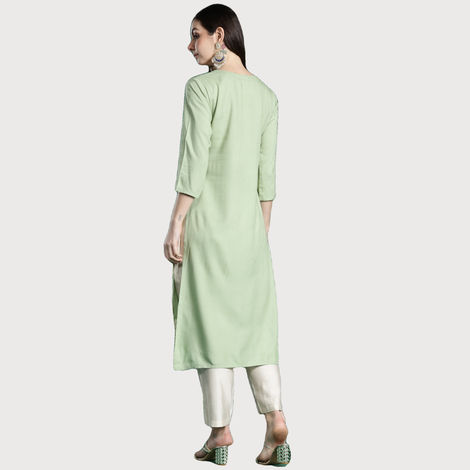 Indo Era Women's Viscose Rayon Floral Embroidered Straight Kurta | KT5GN9997 | Green - S