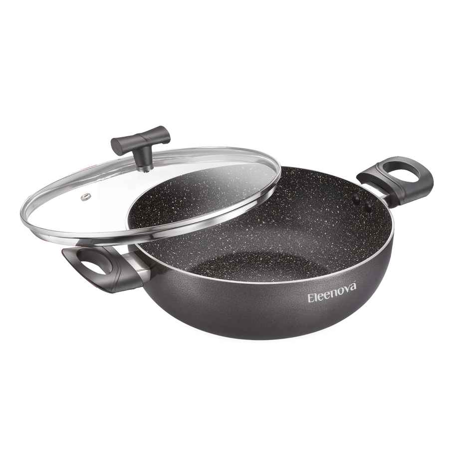 Eleenova Aspire Non | Stick Cookware | Kadai With Glass Lid 24 Cm