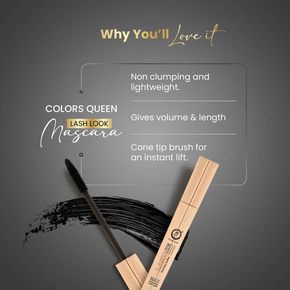 Colors Queen Lash Look Long Lasting Lengthening Mascara 9 Ml Black Smudge Proof& Waterproof Mascara
