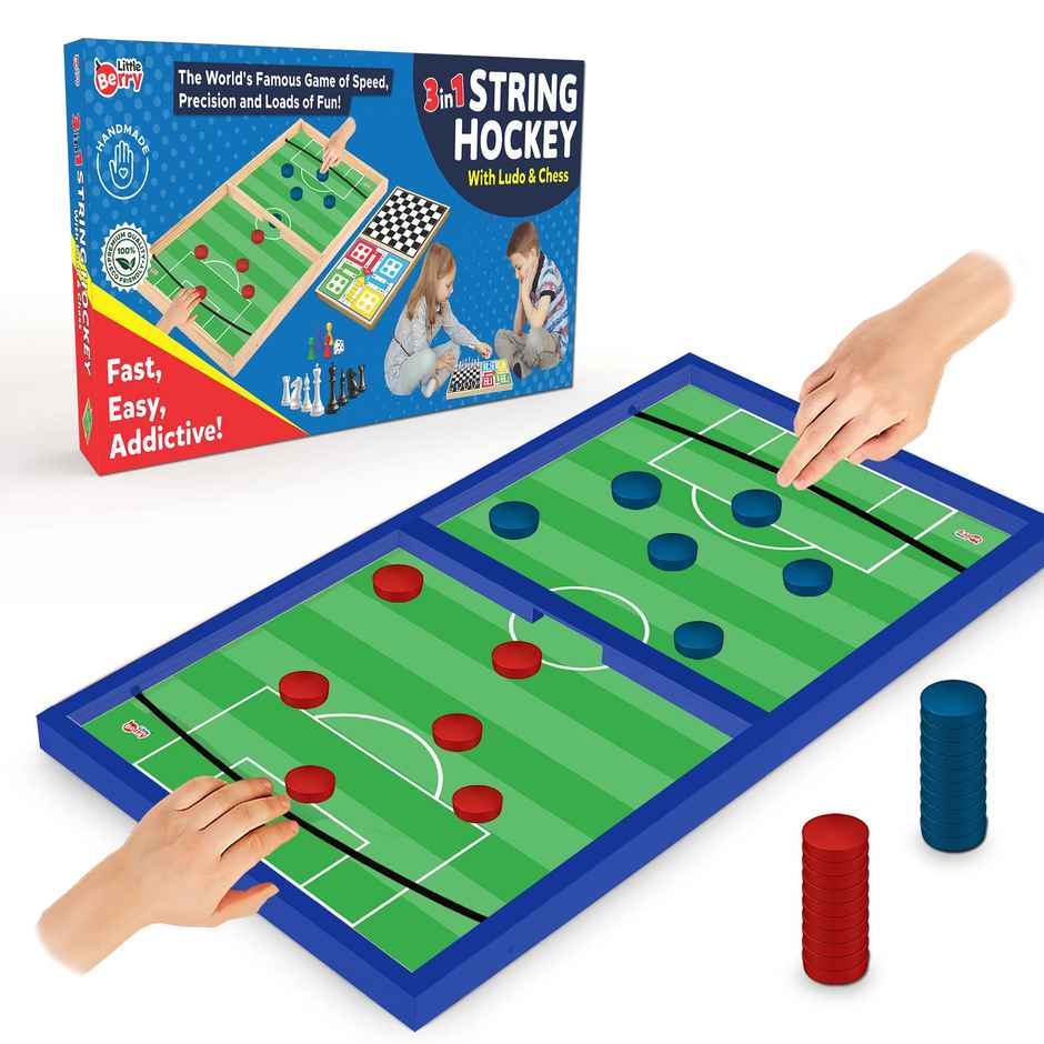Little Berry 3 In 1 String Hockey Board Game With Ludo & Chess - Fast Sling Puck Game - Lb83