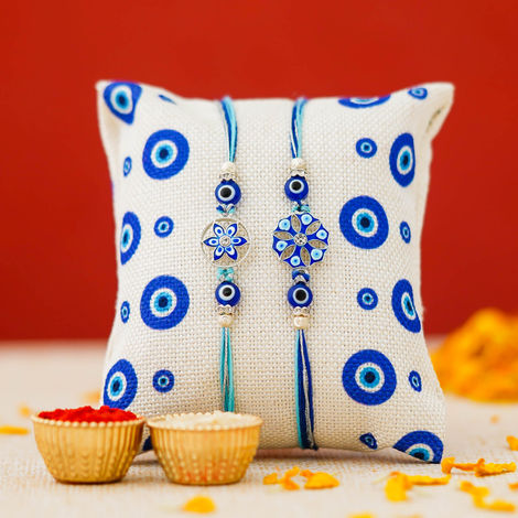 Peacock Floral Evil Eye Rakhi for Brother | Designer Rakhi Set with Roli Chawal Pack (eCraftIndia) Set of 2