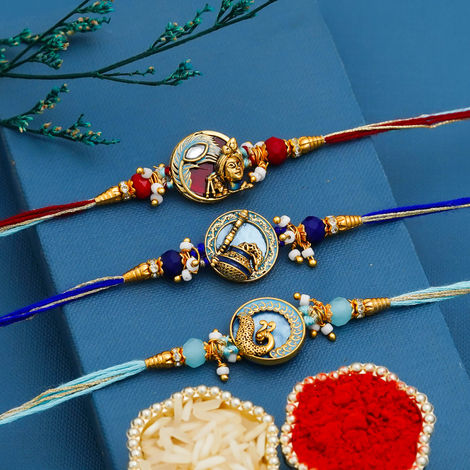 Peacock Krishna Rakhi Set for Brother, Bhabhi, Kids, Bhaiya, and Bhai | Designer Rakhis with Roli Chawal Pack (eCraftIndia) Set of 3