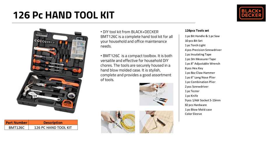 BLACK+DECKER BMT126C Hand Tool Kit for Home & DIY Use, 126-Piece, Orange and Black