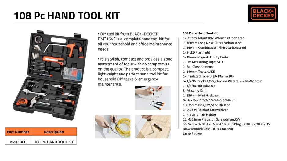 BLACK+DECKER BMT108C Hand Tool Kit for Home & DIY Use, 108-Piece, Orange and Black