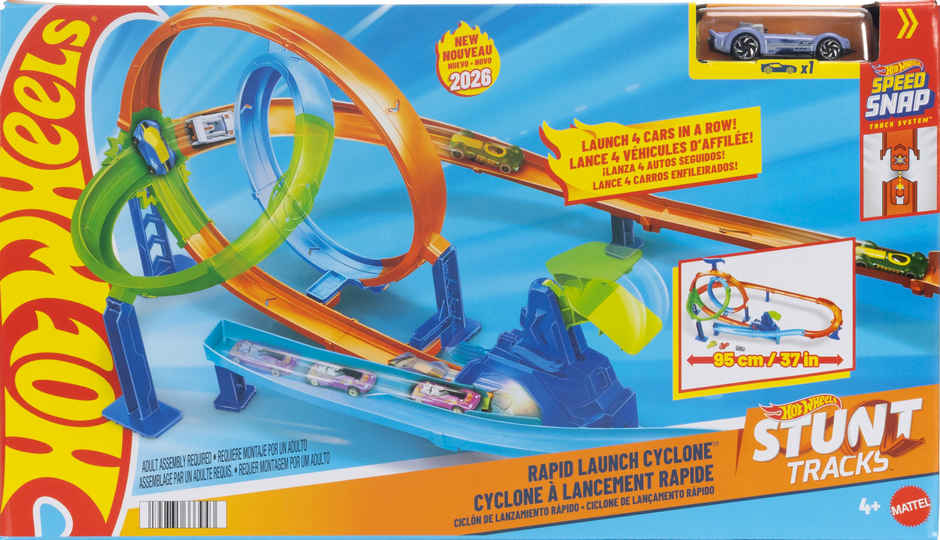 Hot Wheels Stunt Tracks Rapid Launch Cyclone Track Set and 1:64 Scale Die Cast Toy Car