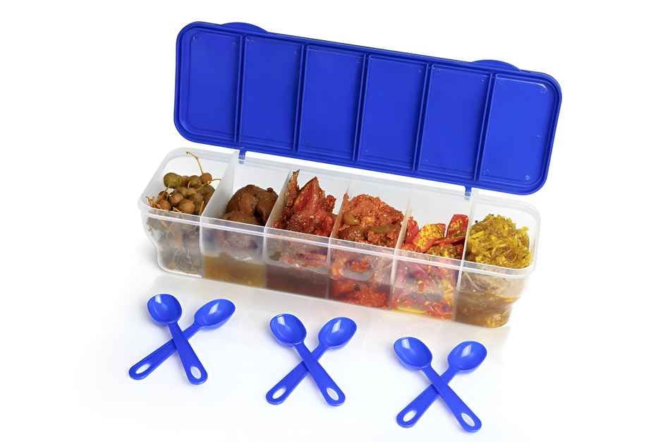 YouBee Multipurpose Masala Box Airtight BPA Free Plastic 6 Section Storage Container | Blue - 1.8 L