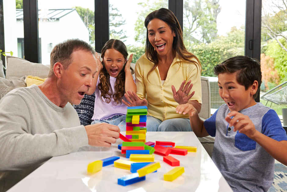 UNO Stacko Game for Kids and Family with 45 Colored Stacking Blocks and Tray