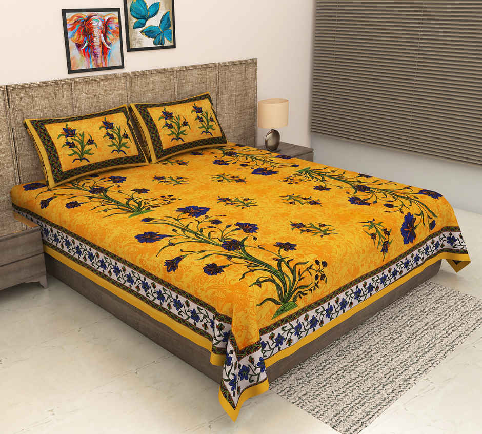 Metro Living 104 Tc Cotton Double Printed Flat Bedsheet | Pack Of 1, Yellow)