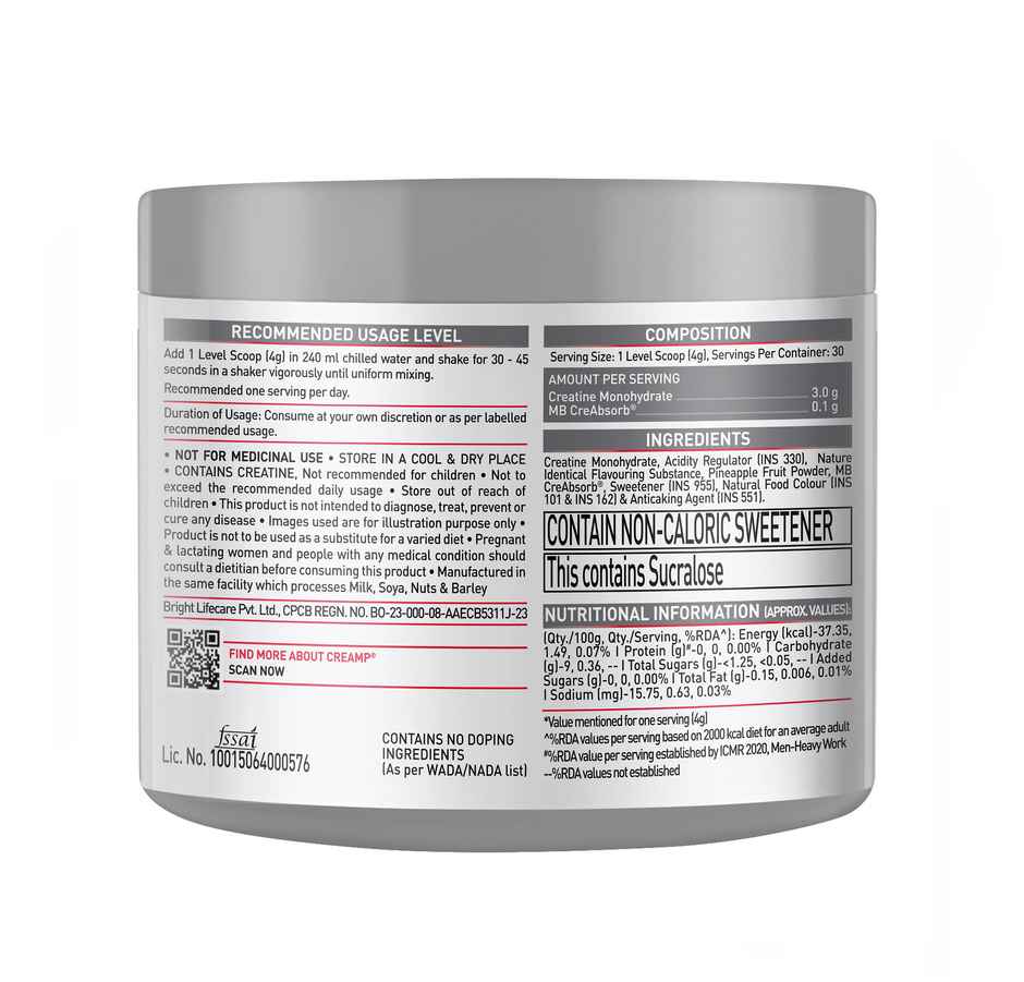MuscleBlaze Creatine Monohydrate CreAMP with CreAbsorb | 30 Servings | Citrus Blast