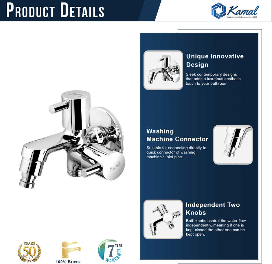 Kamal Two Way Bib Tap Elite Eco | With Washing Machine Adaptor | Full Brass Quarter Turn Movement