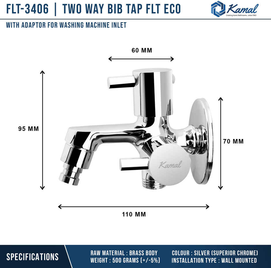 Kamal Two Way Bib Tap Elite Eco | With Washing Machine Adaptor | Full Brass Quarter Turn Movement