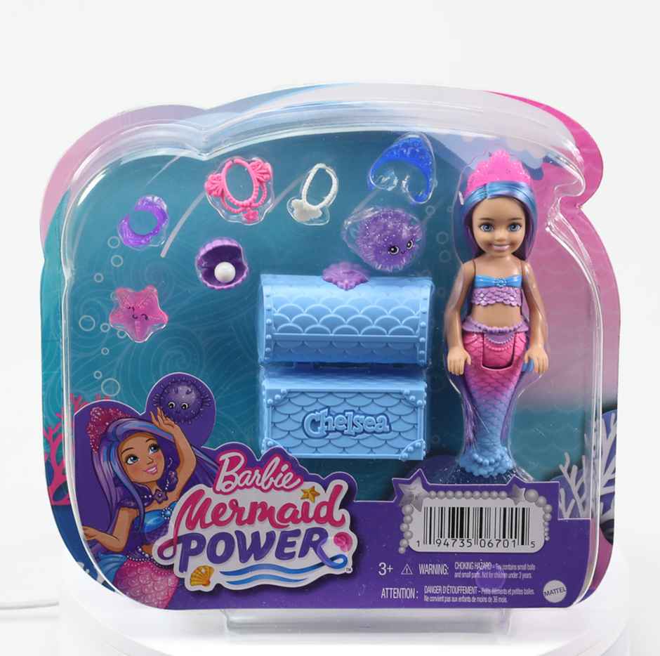 Mattel Barbie Chelsea Mermaid Doll Blue & Purple Hair With 2 Pets, Treasure Chest & Accessories