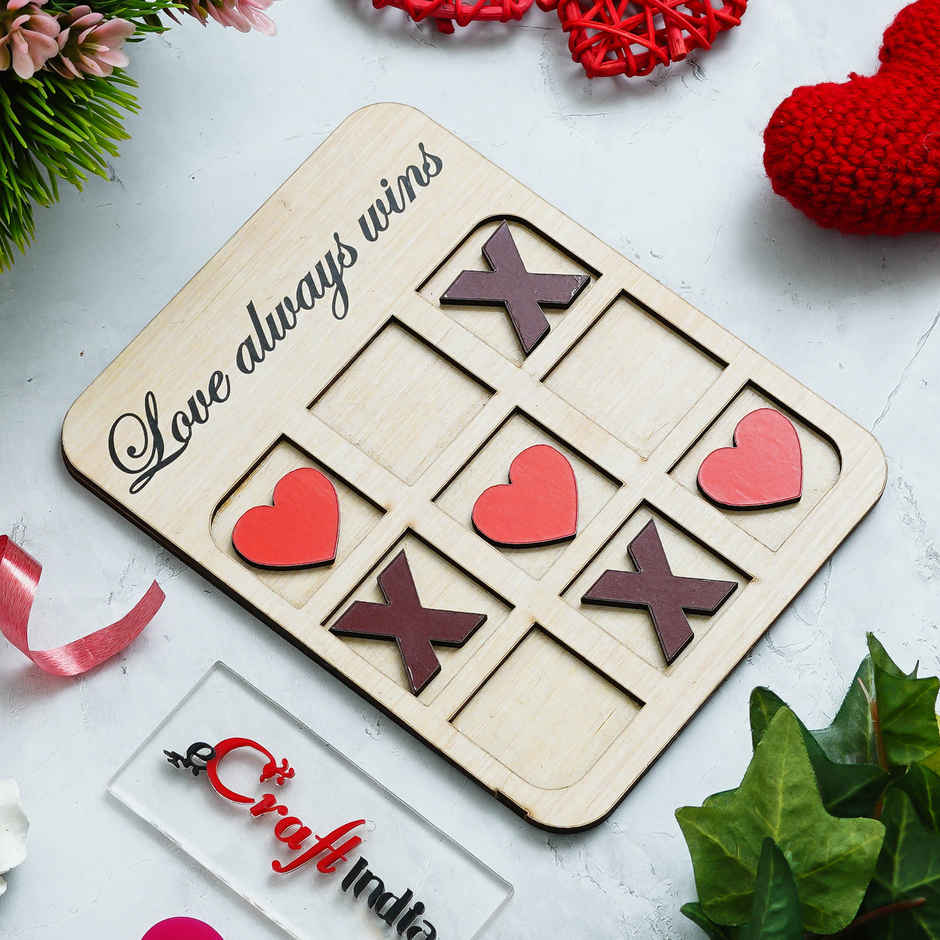 Wooden Love Always Wins Tic Heart Toe Game Board | Valentine Gift | EcraftIndia