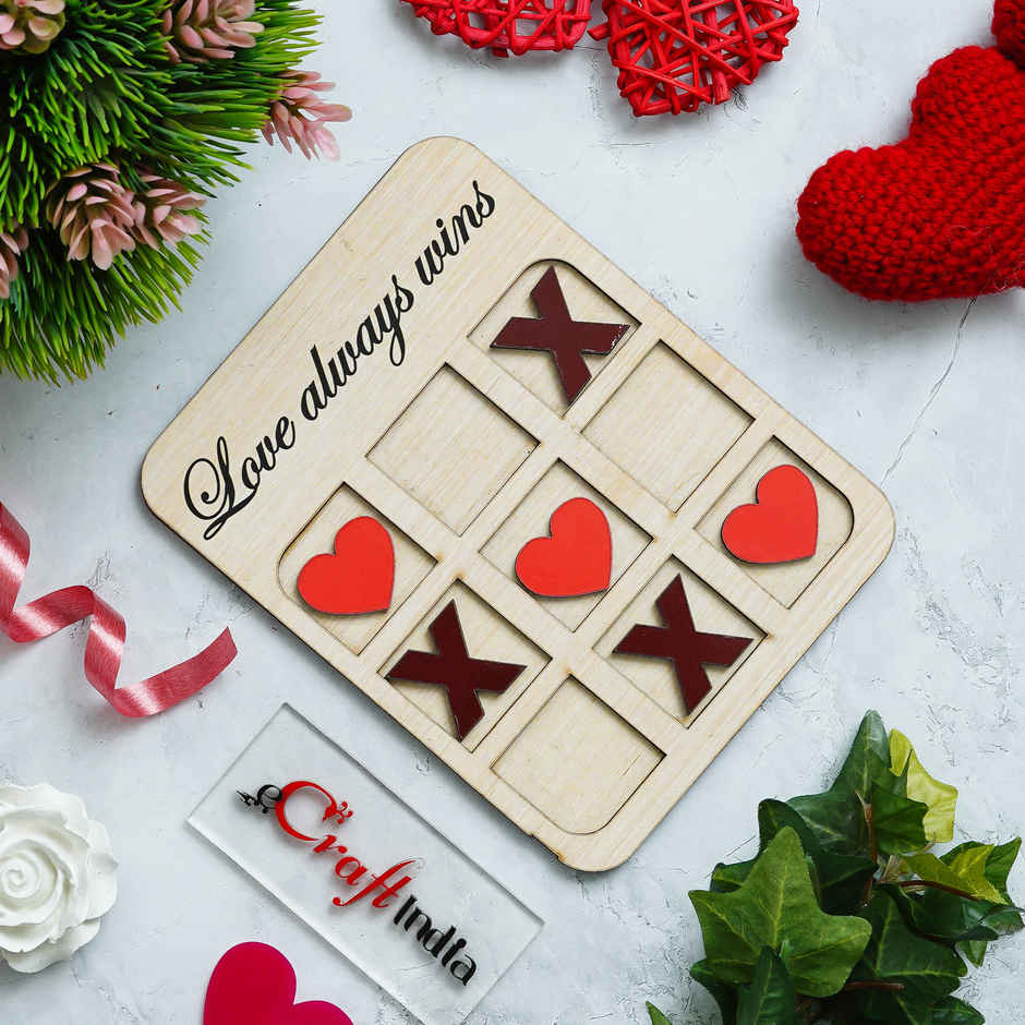 Wooden Love Always Wins Tic Heart Toe Game Board | EcraftIndia