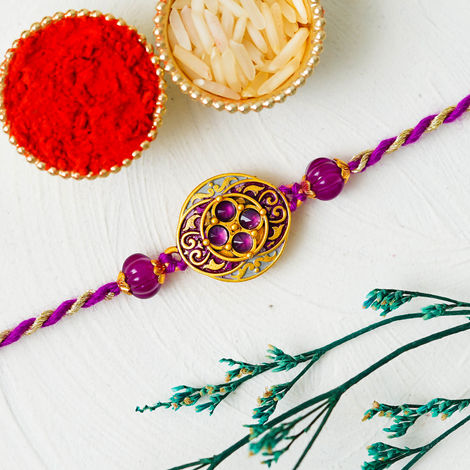 Stone Pink Golden Diamond Beads Designer Rakhi for Bhaiya, Bhabhi, Bhai, and Kids with Roli Chawal Pack (eCraftIndia)