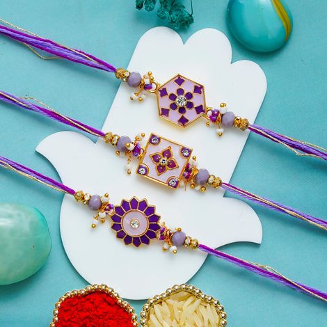 Floral Purple Designer Rakhi for Bhaiya, Bhai, Bhabhi and Kids with Roli Chawal Pack (eCraftIndia) Set of 3