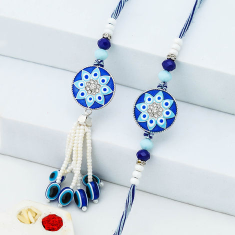 Bhaiya Bhabhi Floral Evil Eye Designer Lumba Rakhis for Bhaiya and Bhabhi (eCraftIndia) Set of 2