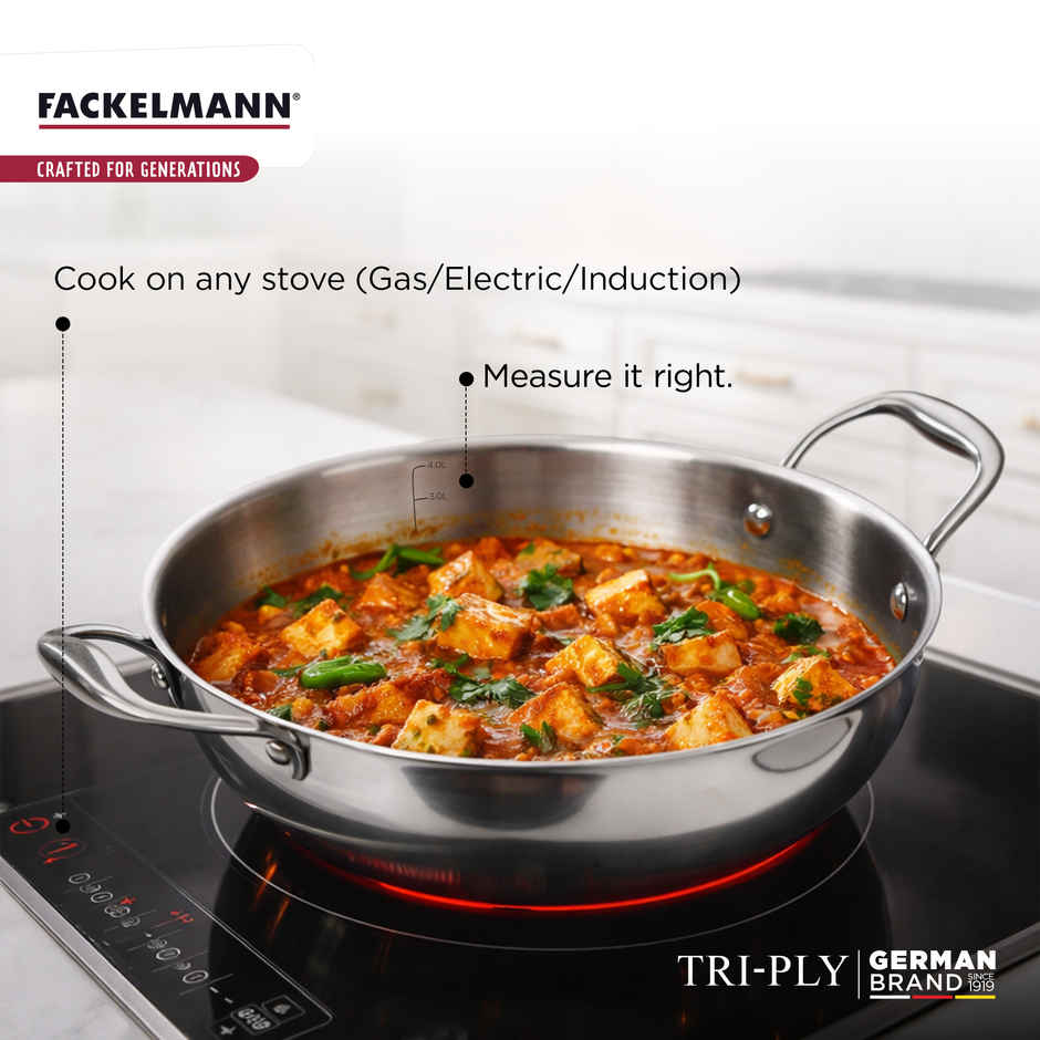 Fackelmann 2.5 Liter Kadai 24 CM, Triply | German Quality | Energy-Efficient | Non-Toxic | Versatile Cookware | Hassle-Free Maintenance | Triply Stainless Steel kadai | Kadai for Cooking