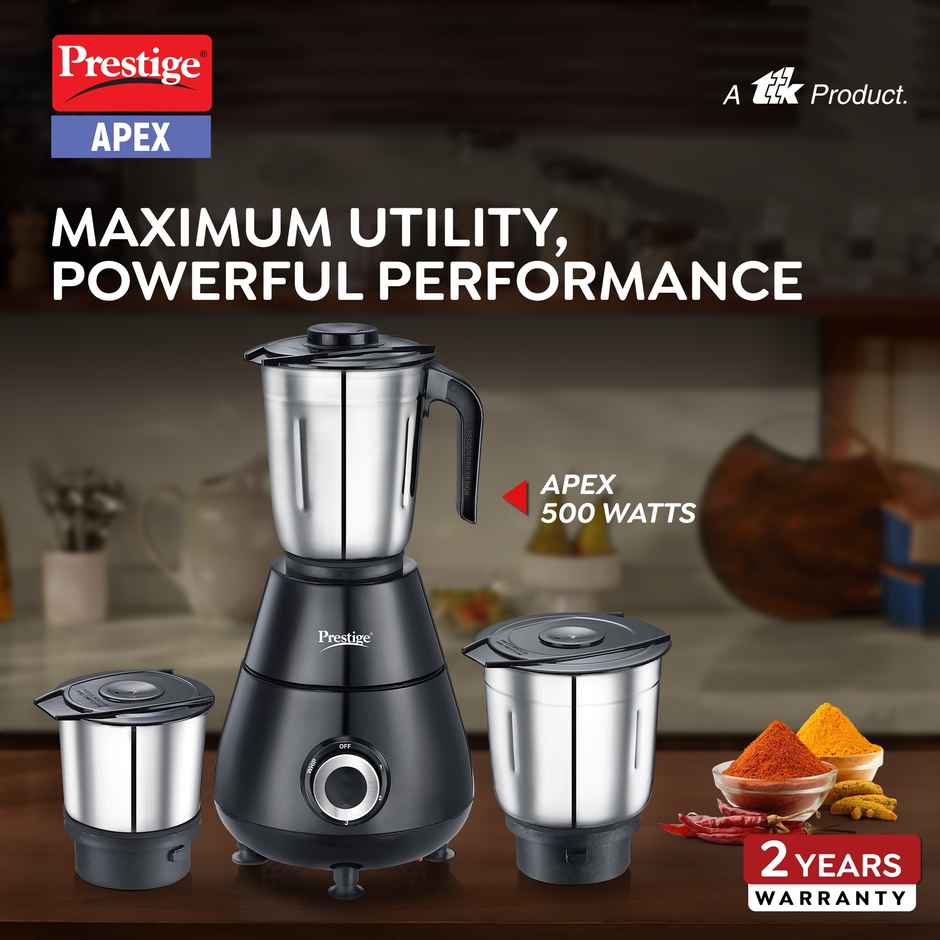 Prestige Apex Mixer Grinder | 500 W | 3 Jar | Super Efficient Stainless Steel Blades - Black
