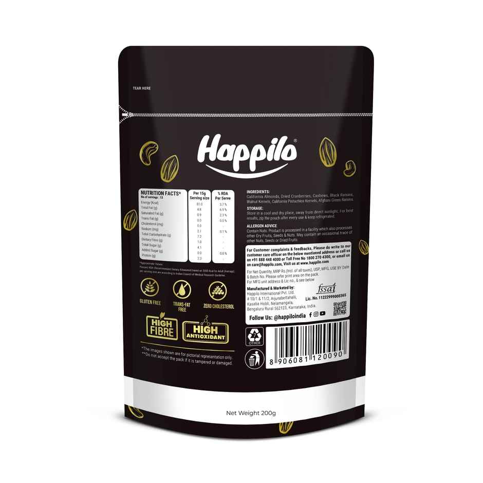 Happilo Premium Healthy Nutmix|Almonds, Cashews, Black Raisins, Pistachios, Raisins|Fasting Special