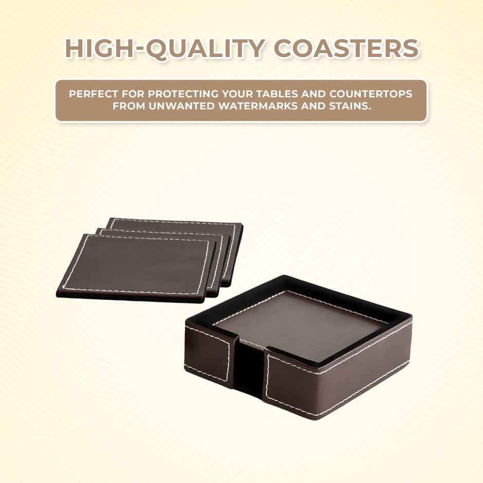 Birch & Co. Leather Coaster | Brown Coaster Set of 6 with Holder