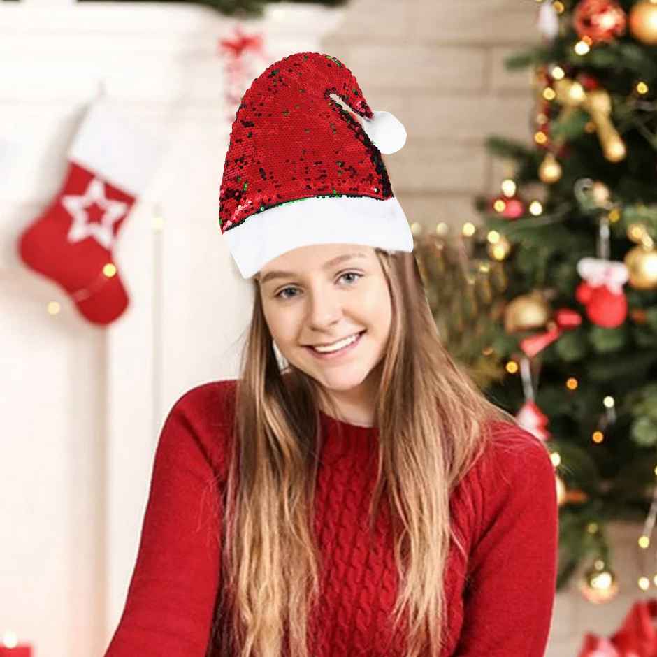 Red and Green Flip Sequin Fancy Christmas Santa Hat |Santa Claus Cap Christmas Party | Ecraftindia