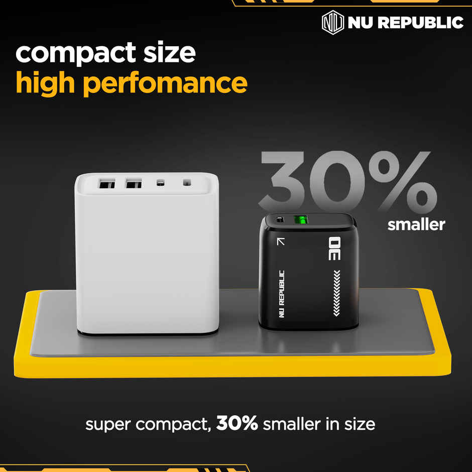 Nu Republic 30 W GaN 4 A Dual Port Mobile Charger with Detachable Cable - Black