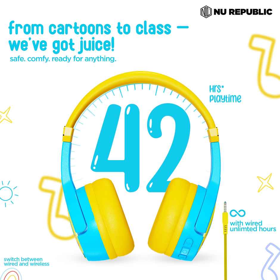 Nu Republic Beatpop with 42 hrs Playtime ENC Wireless Headphone - Blue & Yellow
