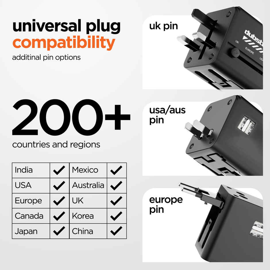 Dubstep Voyager 12W Universal Travel Adaptor, All in One Worldwide Travel Adapter and Wall Charger with Dual USB-A Ports & Power Led Light, 200+ Countries Compatible - Black