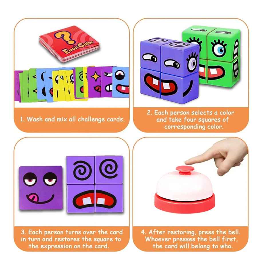 Kidology Emoji Cube Face Game for Kids and Adults | Face Change Rubiks Cube Game | 8 Cubes + Bell