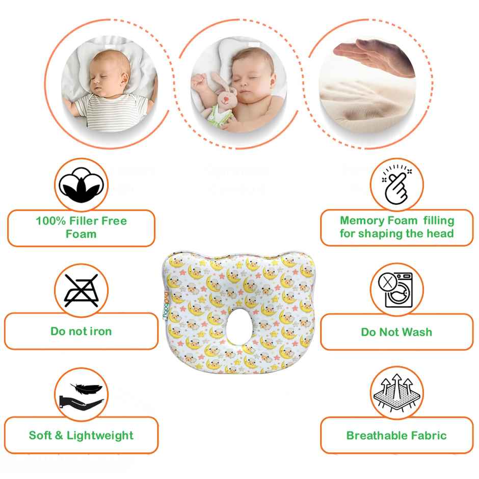 Oyo Baby Memory Foam Baby Head Shaping Pillow, Bear Shape, Moon Print
