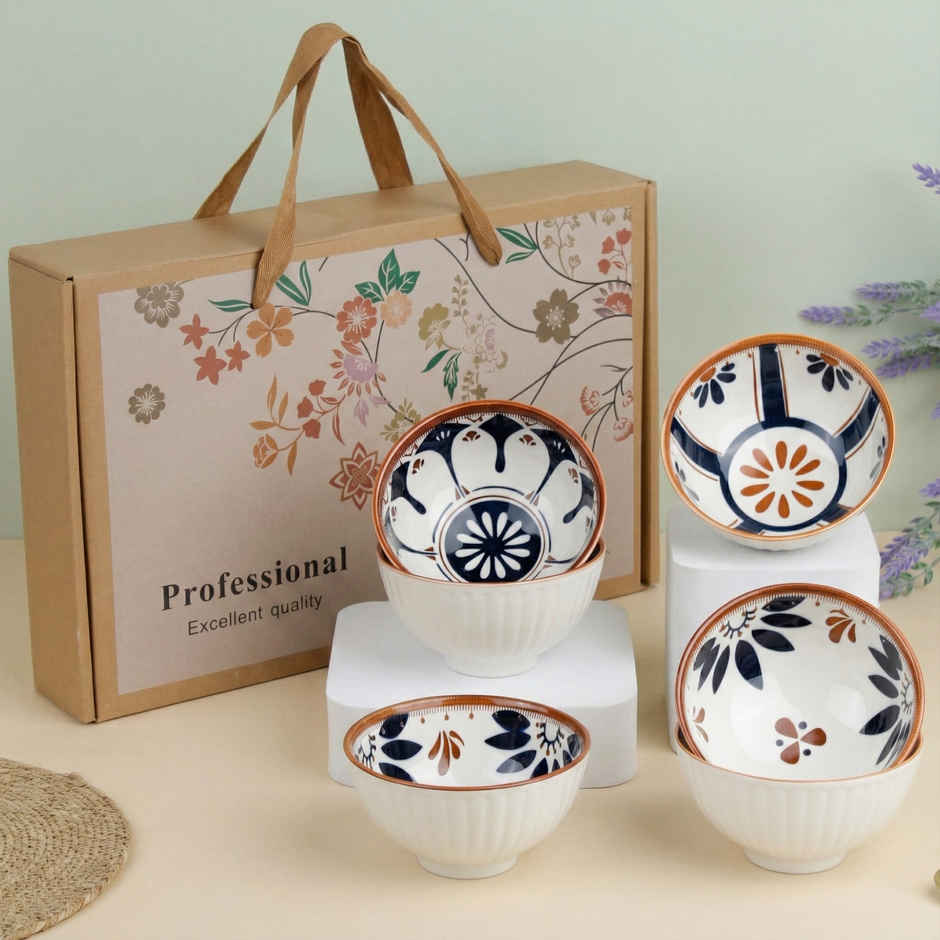 The Earth Store Blue Oriental Ceramic Bowl Set | Microwave & Dishwasher Safe | 300 ml