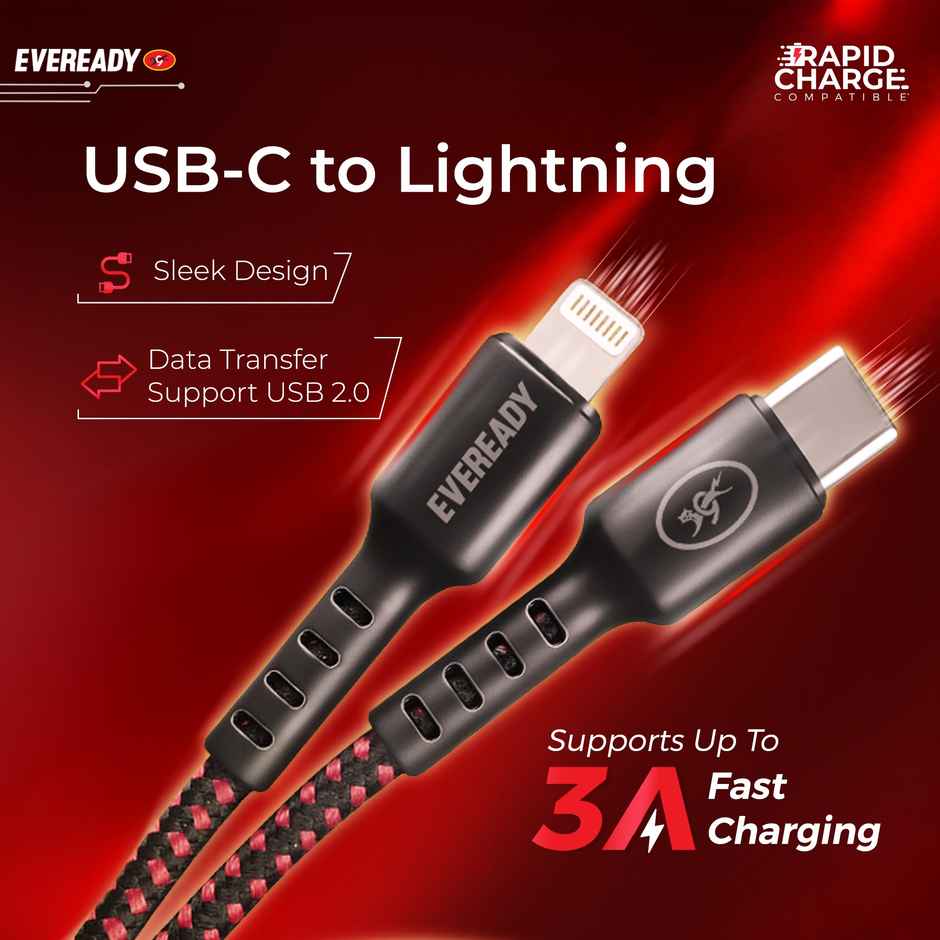 Eveready Nylon Braided Charging Cable | 60W | Type C to Lightining | 1.5 m Length | 3A