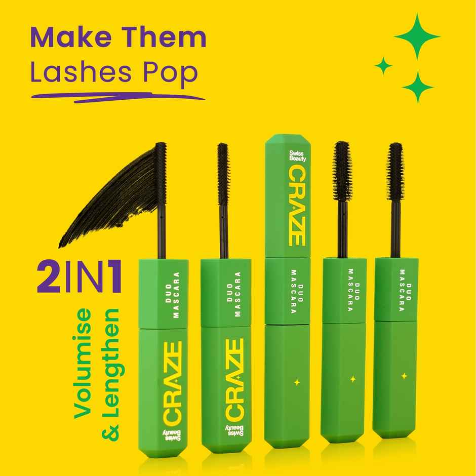 Swiss Beauty Craze Duo Mascara Volumizes and Lengthens Lashes With Non| Flaking Finish | Black