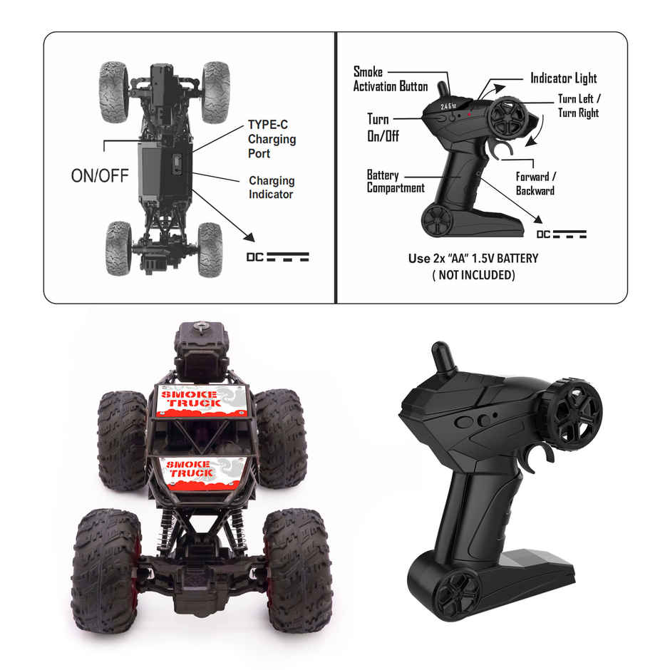 SEEDO Remote Control Car 1:18 , 2.4 GHz, Type-C Rechargeable, Fast Speed Smoke Rock Crawler | Red