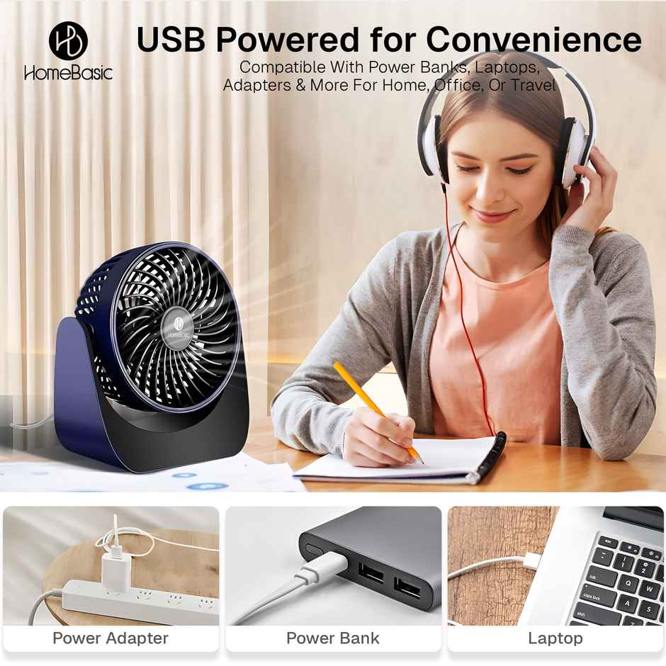 Homebasic Mini Rechargeable USB Portable Fan, 360 Degree Rotation, Handheld & Desk Fan | Blue