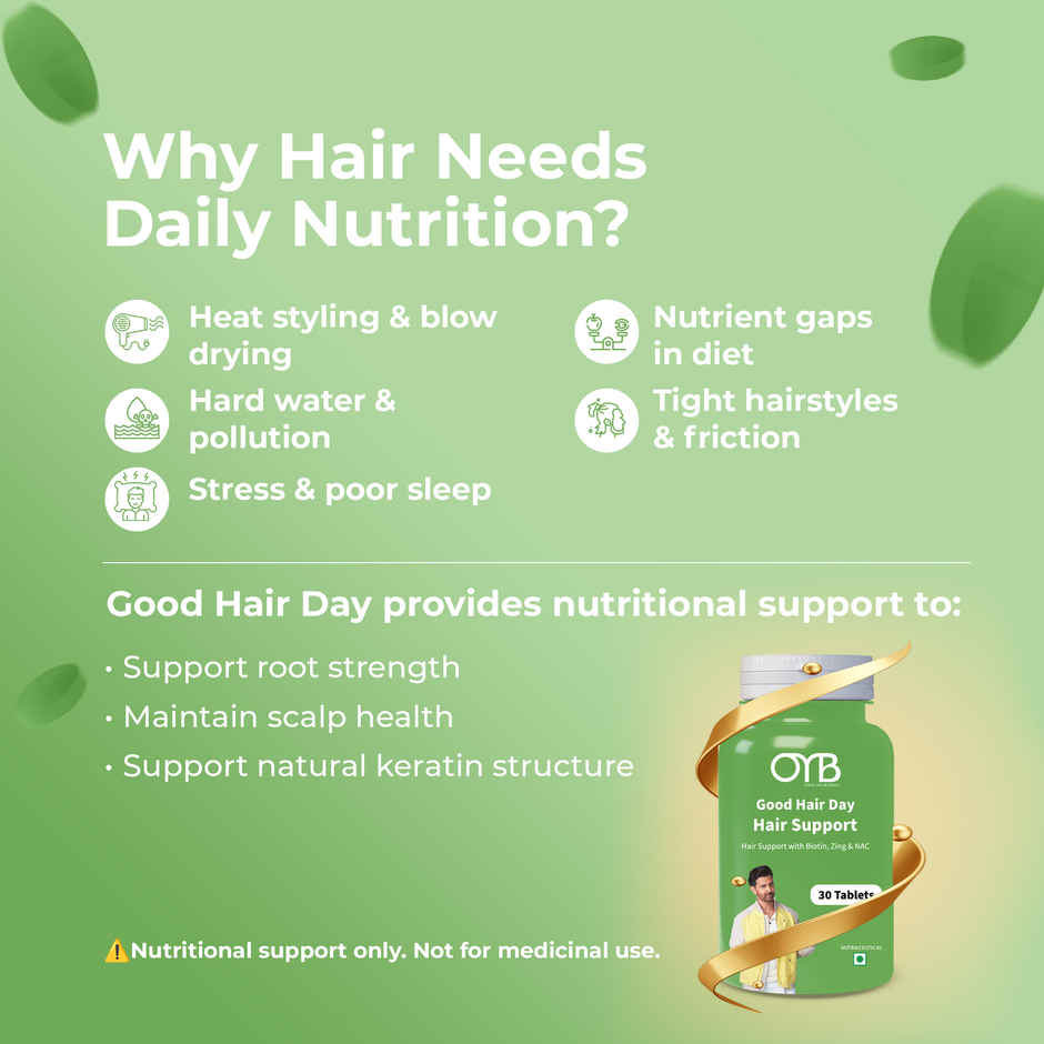 OYB Hair, Skin & Nail Support with Biotin, Zinc & NAC for Hair Growth | 30 Tablets