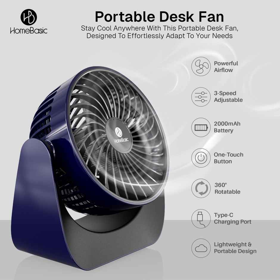 Homebasic Mini Rechargeable USB Portable Fan, 360 Degree Rotation, Handheld & Desk Fan | Blue