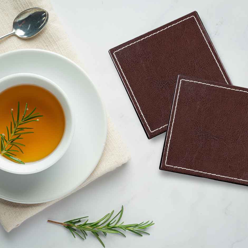 Birch & Co. Leather Coaster | Brown Coaster Set of 6 with Holder