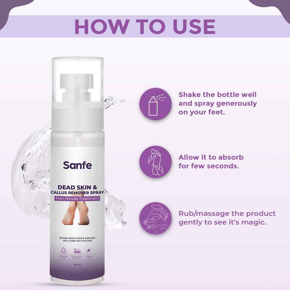 Sanfe Dead Skin & Callus Remover Spray Freshens, Exfoliates - For Dry & Cracked Feet