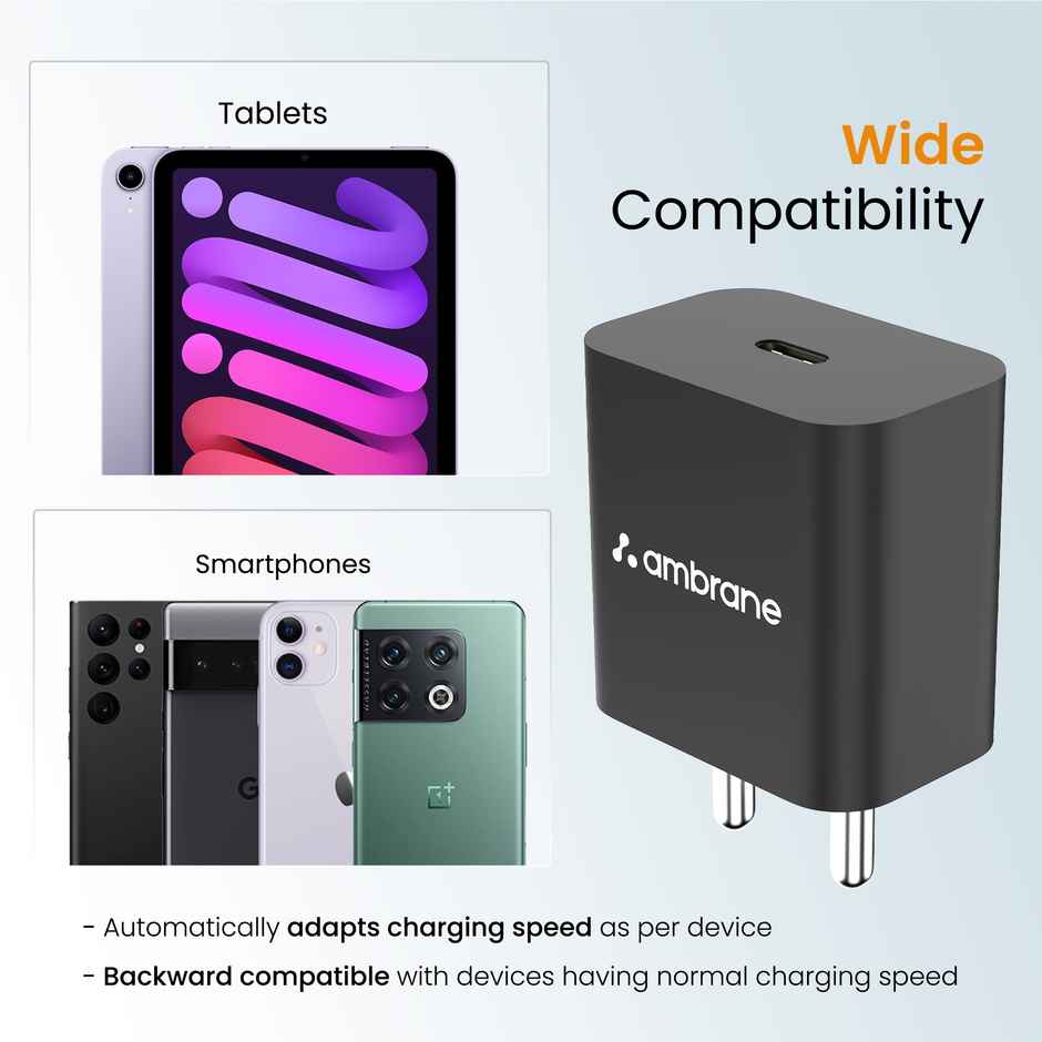 Ambrane 20W Type C Mobile Charger Adapter with Type-C to Type-C Charging Cable- White