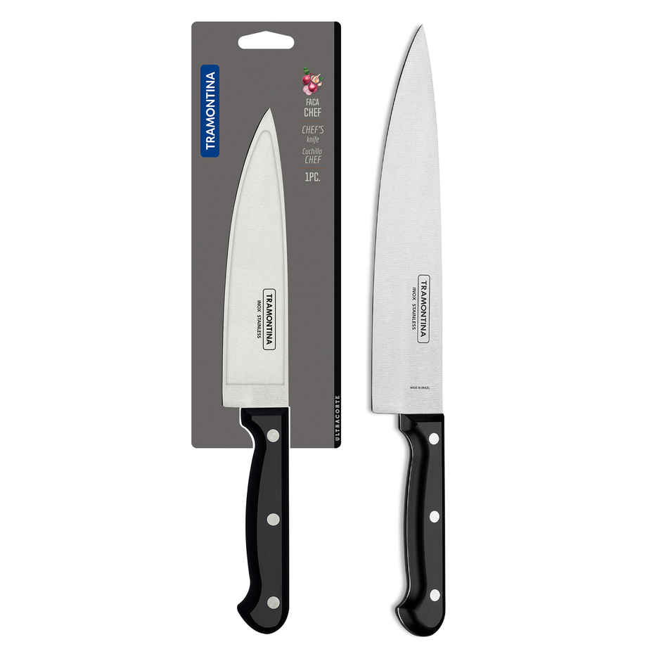 Tramontina Ultracorte Stainless Steel Chef Knife/,15cm/5.9 inch | Black | Straight/Plain Edge | Antimicrobial |Polypropylene Handle |Dishwasher Safe | 5 Year Warranty | Made in Brazil