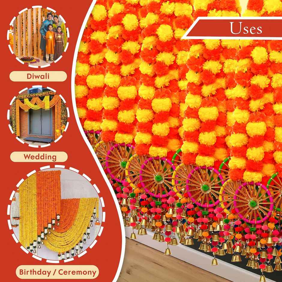 eCraftIndia Artificial Marigold Flowers Hangings with Bangles Ringing Bells | Pack of 4